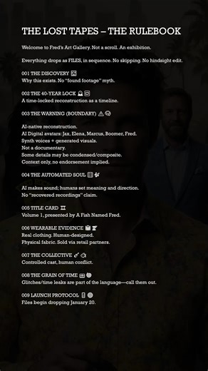 THE LOST TAPES – THE RULEBOOK (9-GRID) 🖼️🔓 Welcome to Fred’s Art Gallery. Not a scroll. An exhibition. Everything drops as FILES, in sequence, as the timeline moves forward. No “best moments.” No hindsight edit. No skipping. FILE 001: THE DISCOVERY 🖼️ Why this exists. A timeline worth recording. No “found footage” myth. FILE 002: THE 40-YEAR LOCK 🕰️🔁 A time-locked release format: you experience the build the way it was lived. Different generations, same struggle: stand out without losing yo
