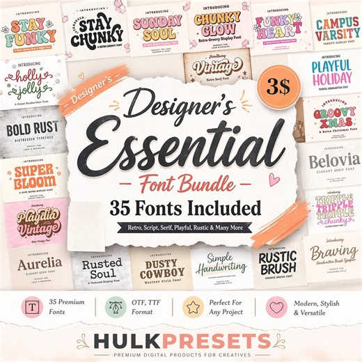 Designer's Essential Font Bundle: 35 Retro, Script, Serif Fonts - Etsy
