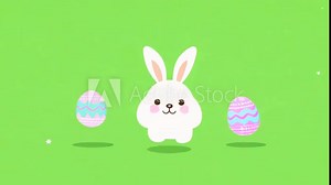 Cute Easter bunny animation with colorful painted eggs on green screen. Happy Easter animated graphic on green screen, featuring bouncing eggs, hopping bunnies, playful and festive Easter Holiday