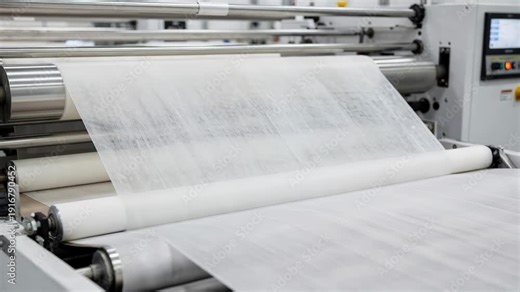 Medium shot of a trial run on a biodegradable nonwoven prototype line using PLA polymers capturing delicate fabric formation and smooth mechanical operation.