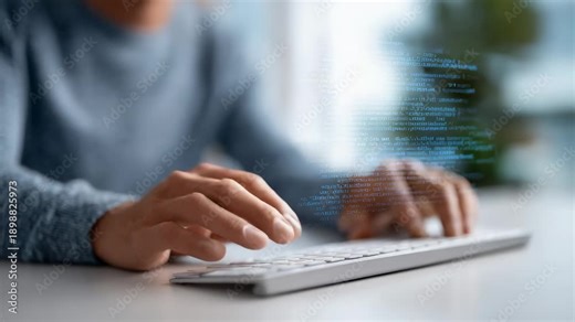 Software developer writing code on a keyboard while lines of code appear in augmented reality, suggesting the use of artificial intelligence