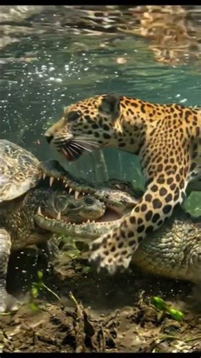 Amazone: 🐆🐊Jaguar SURPRISE Attack! Caiman vs Giant Turtle Underwater Ambush #shorts
