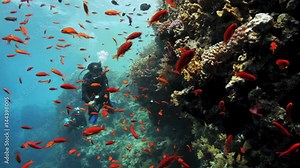 red anthias with diver in the background