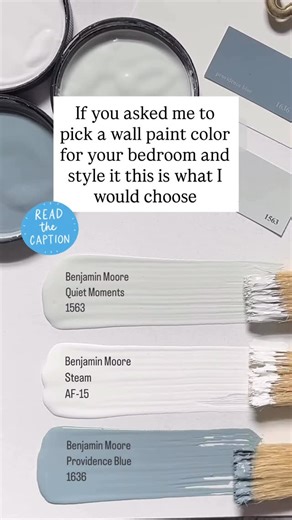 Karolina De Costa on Instagram: "Bedroom paint color picks! Why do I love @benjaminmoore Quiet Moments? It’s a beautiful mix of blue, green and gray that gives a sea glass quality to this soothing shade. With a hint of gray, Quiet Moments is relaxing and calm while still remaining fresh and airy. In rooms with plenty of natural light more green undertones will be noticeable. In north facing rooms or those without a lot of natural light, blue tones will be more dominant. For trim, woodwork and do
