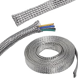 Cable Shielding Sleeve Tinned Copper Braided Sleeving Flexible Expandable Metal Ground Straps Wire Harness Protector (5/16"-18ft, Silver)