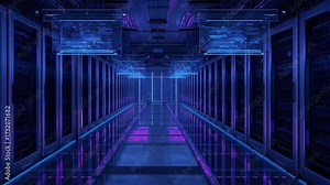 Showing central corridor holding still in futuristic data center, with pulsing server rack LEDs