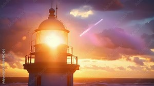 A strong gust of wind blows through the solar powered lighthouse causing its light to shine brighter and its panels to spin faster.