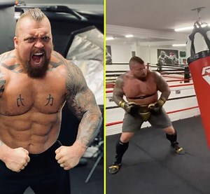 trimmed down Eddie Hall reveals 39kg weight loss ahead of Hafthor Bjornsson fight as former World’s Strongest Man trains with 150kg bag