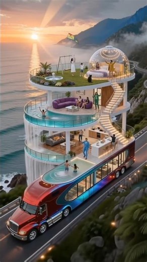 🤯 Mega-Luxury Bus Home: Driving Mansion on a Cliffside Road! 🏖️#LuxuryTravel#DreamHome#MegaBus