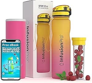Infusion Pro 32 oz Fruit Infuser Water Bottle with Time Marker - Flip Top Locking Lid, Insulated Sleeve & 50 Recipe Fruit Infusion Water eBook : Leak Proof : for Gym, Sports, Travel : Unique Gift Idea