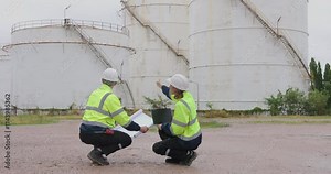 Engineer worker using blueprint checking for installing project at petrochemical factory or refinery oil plant industrial. Survey and inspecting for safety and quality of the production, 4k video