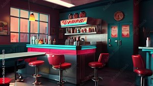 Retro Diner Counter with Red Stools, a Teal Bar, and a City View