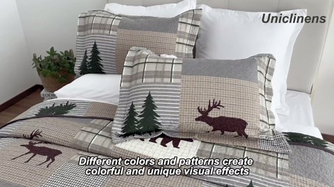 Uniclinens Quilt Set King Size, 100% Cotton Quilted Quilt Bedding Set Bedspread, Bear Tree Elk Farmhouse Rustic Quilt, Patchwork Plaid Comforter Set, 3 Pieces Set with 2 Pillowshams, Brown/Grey/Green