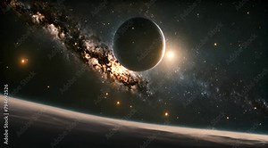 The Space travel, fly trough deep universe with millions of stars in dark sky black background