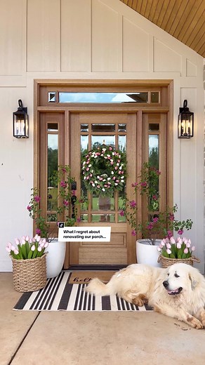 Our front porch renovation! 😍 After months of renovation our front porch is finally done! I’m so in love with how it turned out. 🥰 I wanted the porch (and exterior) to be cozy and warm! Maybe have a modern cottage feel?! So I did multiple colors and multiple textures. I did cream paint on the board and batten siding. Then we did gray stone on the side. Wood ceilings, wood door, and black light fixtures. I was so nervous picking the stone, paint, and stain color but it all came together perfect
