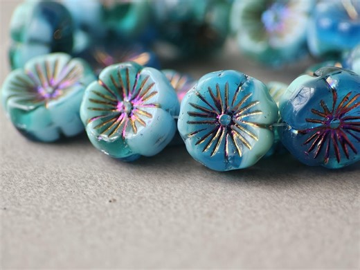 Blue & Teal Czech Glass Flower Beads Hibiscus Flowers 14mm 4pcs - Etsy