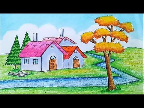 How to draw Landscape || Scenery of beautiful nature || village scenery with oil pastel
