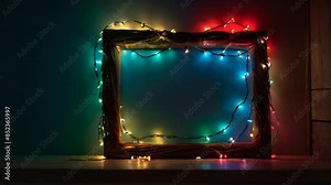 rectangular black frame outlined with orange fairy lights, casting a warm glow. The dark background contrasts with the lights, creating a cozy, festive ambiance. Ample space in the frame