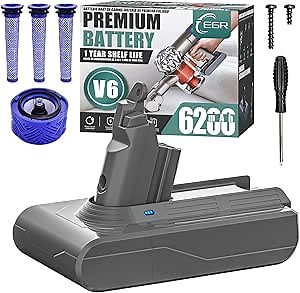 EGR Premium 6200mAh V6 Battery Replacement Compatible with Dyson V6 Animal V6 Absolute V6 Motorhead V6 Fluffy SV03 SV04 SV05 SV06 SV07 SV09 DC58 DC59 DC61 DC62 DC72 DC74 Vacuum Cleaner(Not Fit V7, V8)