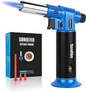 Sondiko Kitchen Torch with Fuel Gauge SW002, Refillable Butane Torch Lighter with Safety Lock and Adjustable Flame, Fit All Butane Tanks Blow Torch for Creme Brulee, Baking—Butane Gas Is Not Included