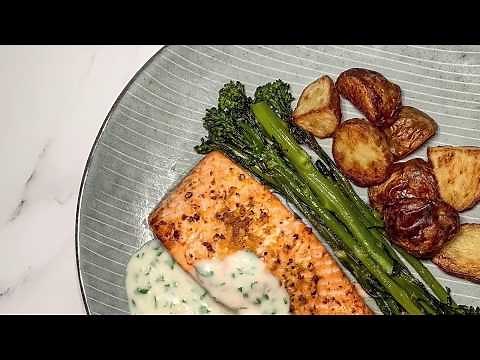 OVEN BAKED LEMON SALMON WITH PARSLEY SAUCE, CRISPY POTATOES & TENDERSTEM BROCCOLI - EASY RECIPE
