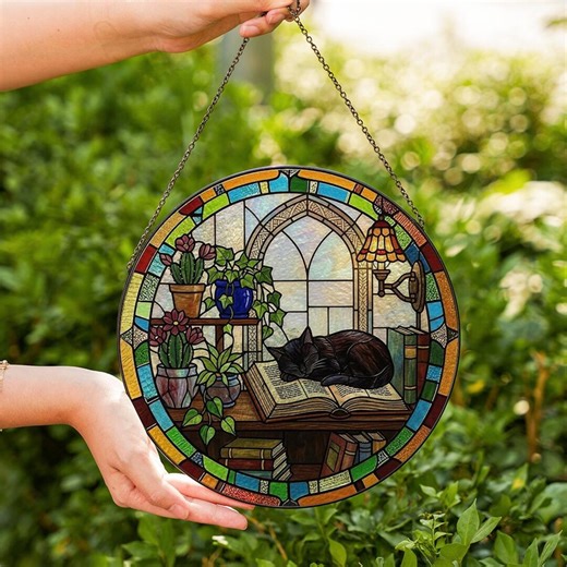 Black Cat Reading Stained Glass Suncatcher – Book Lover Gift, Cozy Library Window Hanging, Cat Lover Decor - Etsy