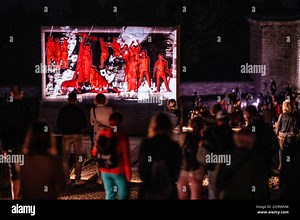 GENIUS LOCI WEIMAR 30/08/2024 - Buchenwald: Das Festival für Videomapping und Medienarchitektur Genius Loci Weimar am 30. August 2024 am Mahnmal Buchenwald. /                   *** GENIUS LOCI WEIMAR 30 08 2024 Buchenwald The festival for video mapping and media architecture Genius Loci Weimar on August 30, 2024 at the Buchenwald Memorial Stock Photo - Alamy