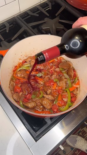 Italian Sausage, Onions, Peppers and Mozz….great cold weather meal. Have a great week. Recipe -1lb Italian Sausage of choice, 4 links -2 Med White Onions -1 Bell Pepper -1 Red Bell Pepper -S&P to taste -Olive Oil -Few dashes of Worcestershire -1/2 C Red Wine -14.5oz Can Fire Roasted Diced Tomatoes, or just use 2 Cups of Marinara if you have it -1 tsp Red Pepper Flakes -8oz Mozzarella **Dutch Oven Med Heat….add Olive Oil, Onions, Peppers. Season w S&P and let cook for about 15 min **At same time 