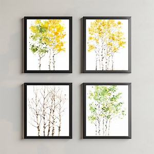 Aspen Tree Watercolor Painting Set of 4 - Changing Seasons Nature Décor - Aspen Tree Print - Home Wall Art - Four Seasons - Changing Leaves - Etsy