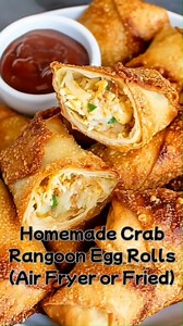 Homemade Crab Rangoon Egg Rolls (Air Fryer or Fried) Ever wondered what happens when creamy crab rangoon meets a super-crispy egg roll? One bite—gone. Ingredients 12 egg roll wrappers 8 oz cream cheese, softened 8 oz lump crab meat (or imitation), drained 2 green onions, finely sliced 1 small garlic clove, minced (or ½ tsp garlic powder) 1 tsp soy sauce 1 tsp Worcestershire sauce (optional) ½ tsp sesame oil ¼ tsp sugar Pinch salt & white/black pepper 1 egg beaten with 1 tsp water (for sealing) C