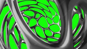 4K Rotation chrome shape with holes. Abstract distorted geometric shape. 3D metallic figure on green screen. Looping animation.