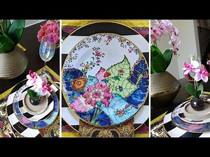 Summer Orchid Tablescape | Mottahedeh Tobacco Leaf Plates| Williams Sonoma Table Linens