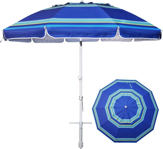 AMMSUN 8FT Large Heavy Duty Beach Umbrella with Sand Anchor UPF50 Tilt Shelter Outdoor,Stripe Blue