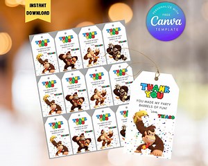 Editable Donkey Kong Birthday Thank You Tags: Personalized Favor Tags (digital Download) - Etsy