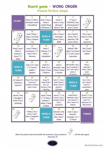 Present Perfect Board game - word order