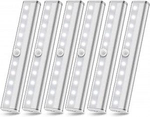 Motion Sensor Closet Lights, 10 Led Battery Powered Lights Led Under Cabinet Lighting Wireless Under Counter Light, Stick On Lights Motion Night Light Bar for Stairs Hallway Kitchen, White 6 Pack