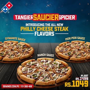 2K views · 380 reactions | The Philly Cheese Steak Pizza has just got saucier! Enjoy the pizza in three exotic sauces now. • Dynamite Sauce • Peri Peri Sauce • Ranch Sauce What's your pick for the Philly Cheese Steak. Get it at the exclusive price of Rs.1049 Rupees only! Call your Pizza Delivery Experts now! * This special price is valid on Web & App only. #DominosPkaistan #PhillyCheeseSteak #Dynamite #PeriPeri #Ranch #GreatnessByDominos | Domino's Pizza | Facebook