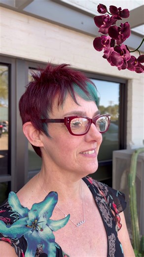 Plum Red and Sea Blue Pixie Haircut