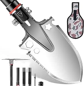 Folding Survival Shovel with Pickaxe, Portable Camping Shovel for Outdoor, Tactical Unbreakable Military Spade Multitool Survival Gear and Equipment for Off Road Backpacking Hiking Car Emergency