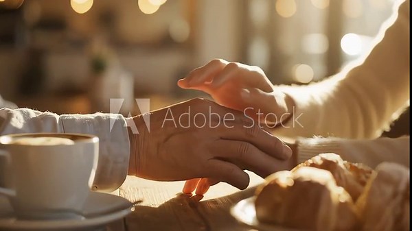 Couple Holding Hands While Sharing Coffee And Pastries At Cafe