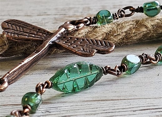 Dragonfly Necklace, Green Beaded Necklace, Statement Necklace, BOHO Necklace, Copper Necklace, Dragonfly Jewelry, Green Jewelry - Etsy
