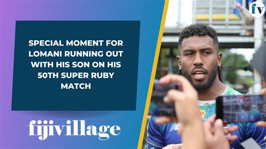 It was a special moment for Swire Shipping Fijian Drua halfback Frank Lomani when he ran out onto the field yesterday for his 50th Super Rugby match carrying his son with him. The Savusavu man says his son lives in Labasa now and to have him attending Lomani’s 50th match was a memorable moment and he thanked everyone who organised the travel for his son. More story : https://www.fijivillage.com/sports/-Special-moment-for-Lomani-running-out-with-his-son-on-his-50th-Super-Ruby-match-548xrf/ | fiji