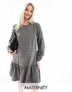 Mamalicious Maternity drop waist smock mini dress in check print | ASOS