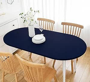 Wolkemer Fitted Oval Tablecloth Spandex Stretch Navy Cocktail Table Cover Elastic Edge Topper Cap for Dining Wedding Party Picnic 48 x 72 Inch