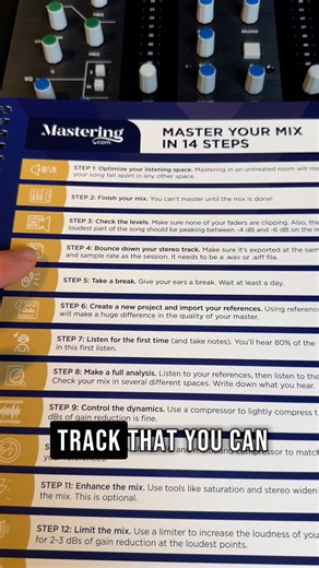 Mixing & Mastering Cheat Sheet Binder If you want to stop second-guessing every move you make — and start getting clarity on what's preventing your music from sounding professional... Then I think you'll love this book. Each page is designed to instantly level up your mixes. It covers EQ, compression, reverb, vocal mixing, workflow, prep, gain staging, plugin suggestions and more. Get your copy here: https://courses.mastering.com/csb_info | Mastering.com