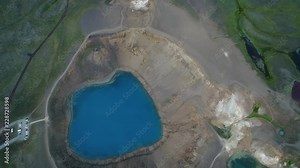 4k 60 fps Iceland Aerial view of Krafla volcano area near Myvatn - Fly down to viti lake