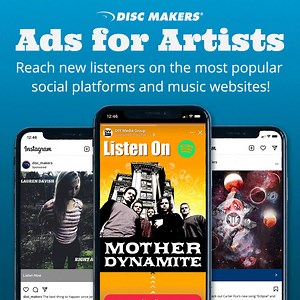 Ready to introduce your music to new fans? We're here to make that happen! 😄 Introducing the Disc Makers Ads for Artists program. Our marketing experts help you make the most of digital advertising to reach new listeners on Facebook, Instagram, and popular music websites like Billboard, Pitchfork, and more. Save $100 on your new campaign for a limited time with the code ADS100 at checkout. | Disc Makers