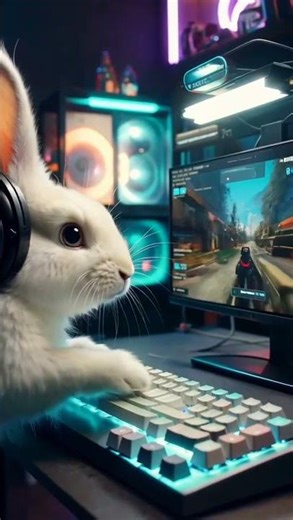 Cute White Bunny Playing Computer Games 🎮🐇