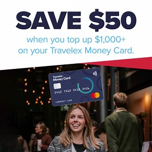 5 comments |  SAVE $50  when you top up $1,000+ worth of foreign currency on your Travelex Money Card! Use code: TMC50 at checkout to redeem discount. Top up your Travelex Money Card now: https://bit.ly/44gCYtS Only available online, and via the Travelex Money App. Ends on 16 July. T&C Apply. | Travelex | Facebook