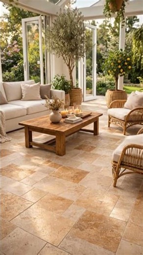 Natural light, open windows, and the warmth of real stone flooring